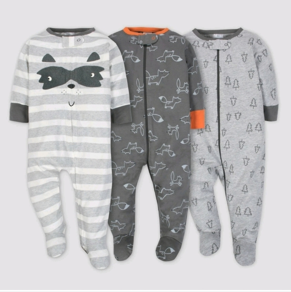 NWT Gerber 3 Pack Gray Fox Themed Sleep 'N Play ~sz 6-9M